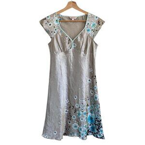 SIBIQING ASIAN LIGHT BLUE SILVER FLORAL FLUTTER SLEEVE KNEE LENGTH DRESS MEDIUM
